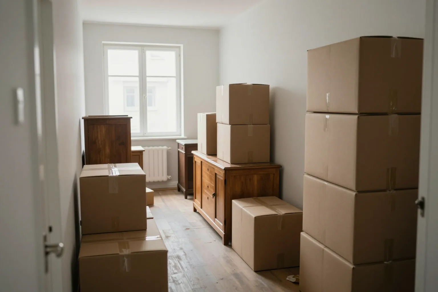 Gestapelte Umzugskartons und alte Holzmöbel in einer leeren Wohnung